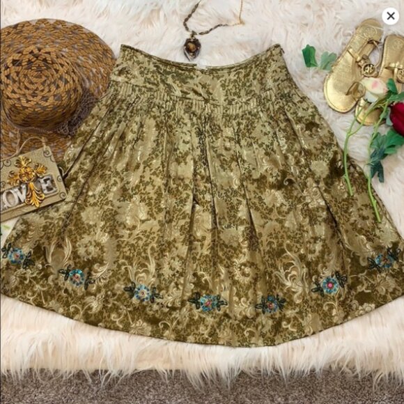 Anthropologie Golden Age Skirt by Snak Gold Brocade Sequin Floral Hem Size 6 - Picture 2 of 15